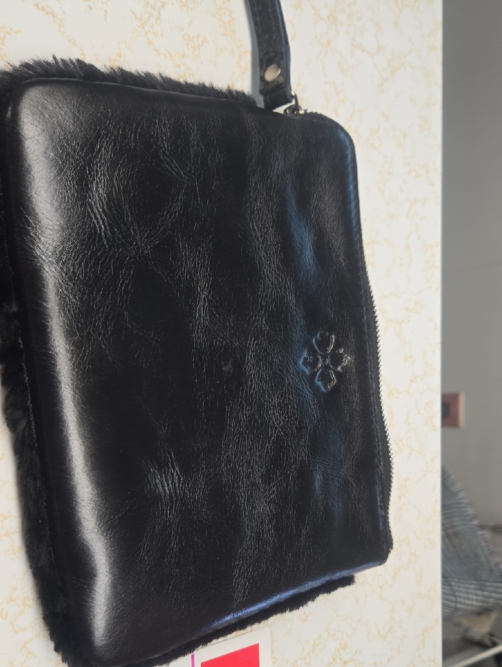 Patricia Nash Black Leather Clutch Wristlet with Fur Trim